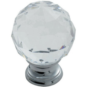 Faceted Crystal Cupboard Door Knob 25mm Dia Polished Chrome Cabinet Handle