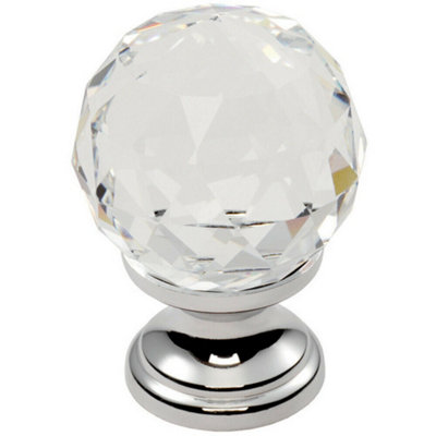 Faceted Crystal Cupboard Door Knob 35mm Dia Polished Chrome
