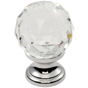 Faceted Crystal Cupboard Door Knob 35mm Dia Polished Chrome Cabinet Handle