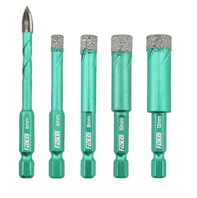 FACHLICH diamond tile drill bits set 5 pcs sizes 6-12mm hex quick fit shank, grit 50/60