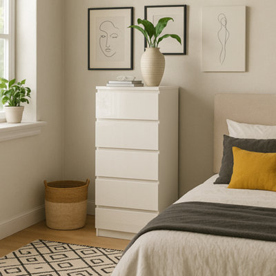 Fairfield Gloss Minimalist Chest of Draws 5 Draw In Matt White