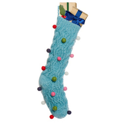 Fairtrade Blue Knitted Pompom Xmas Gift Decoration Christmas Stocking