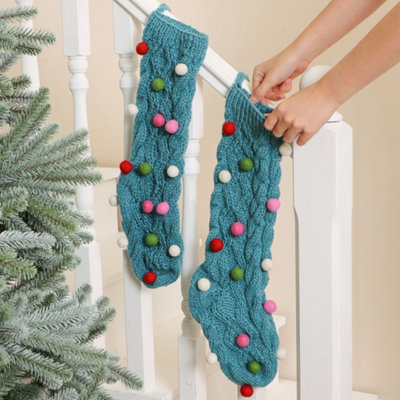 Fairtrade Blue Knitted Pompom Xmas Gift Decoration Christmas Stocking - 4