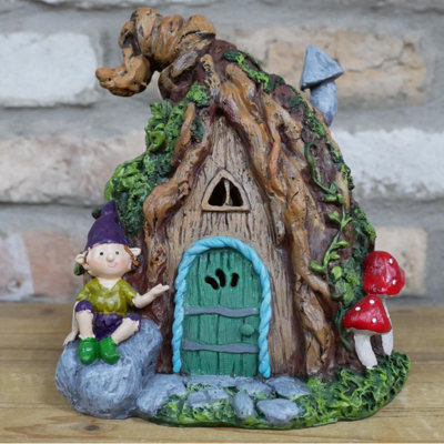 Fairy House Green Door With Solar Light Garden Ornament