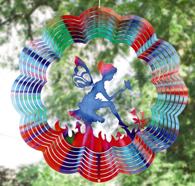 Fairy Wind Spinner - Weather Resistant Steel 3D Effect Hanging Wind Sculpture Indoor Outdoor Garden Decoration - 31cm Diameter
