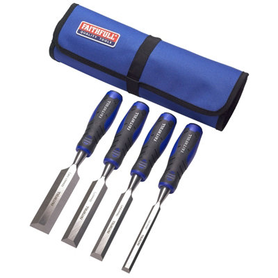 FAITHFULL 4 Piece Soft Grip Wood Chisels Set 6mm to 25mm Tool Roll FAIWCSGS4CR