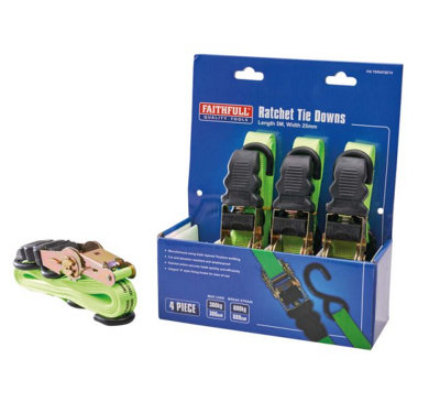 Faithfull 5m x 25mm Ratchet Tie Down Straps Set of 4 Weatherproof