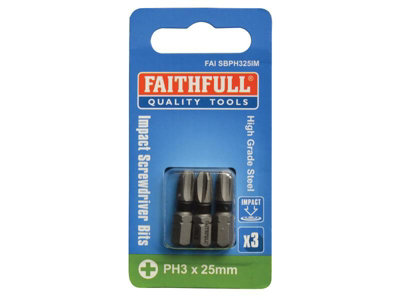 Faithfull  Phillips Impact Screwdriver Bits PH3 x 25mm (Pack 3) FAISBPH325IM