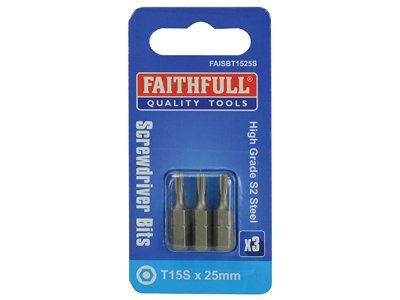 Faithfull  Security S2 Grade Steel Screwdriver Bits T15S x 25mm (Pack 3) FAISBT1525S