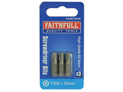 Faithfull  Security S2 Grade Steel Screwdriver Bits T30S x 25mm (Pack 3) FAISBT3025S