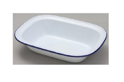 Falcon 18cm Oblong Enamel Pie Dish Non Stick Oven Baking Dish White Blue Rim