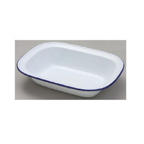 Falcon 20cm Oblong Enamel Pie Dish Non Stick Oven Baking Dish White Blue Rim