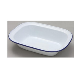 Falcon 22cm Oblong Enamel Pie Dish Non Stick Oven Baking Dish White Blue Rim