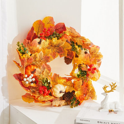 Fall  Front Door Wreath Halloween Pumpkins Decoration with LED String Light 45 cm