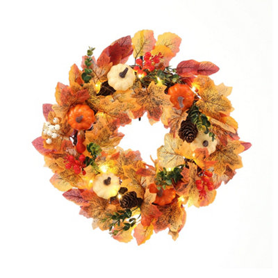 Fall  Front Door Wreath Halloween Pumpkins Decoration with LED String Light 45 cm