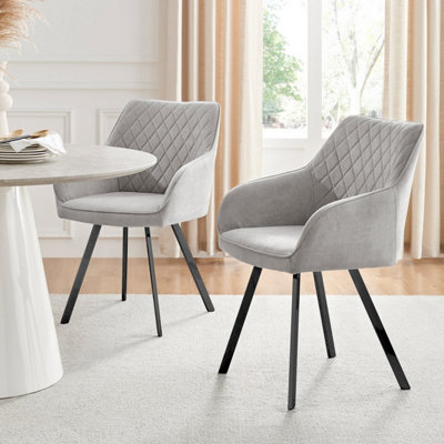 Falun Deep Padded Dining Chairs Upholstered in Soft & Durable Light Grey Fabric With Black Legs (Set of 2)