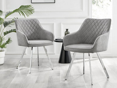 Falun Deep Padded Dining Chairs Upholstered in Soft & Durable Light Grey Fabric With Chrome Legs (Set of 2)
