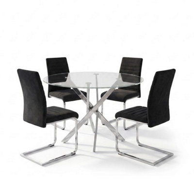 Family Dining Set with Round Glass Table and 4 Black High Back Velvet ...