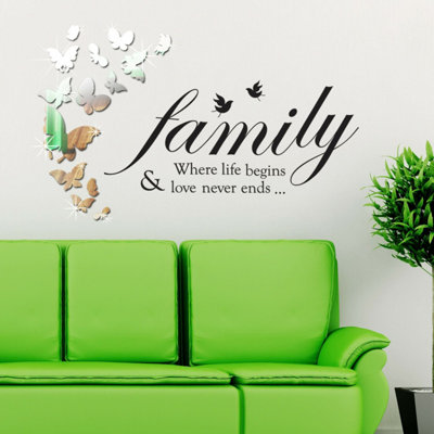 Family Quote with Butterflies Mirror Mirror Stickers Nursery Home Decoration Gift Ideas 27 pieces
