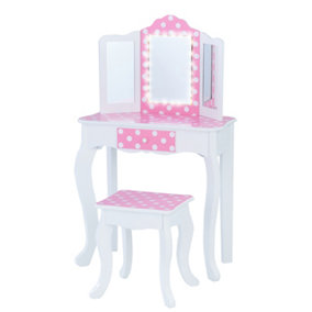 Fantasy Fields by Teamson Kids Gisele Kids Dressing Table Vanity Table With Mirror Stool & LED Lights Polka Dots TD-11670FL