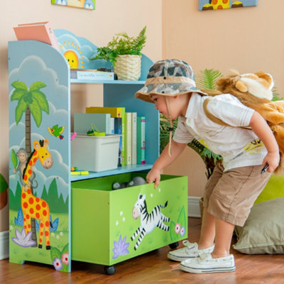Fantasy Fields by Teamson Kids Sunny Safari Kids Wooden Toy Organizer with  Rolling Storage Box, Blue/Green