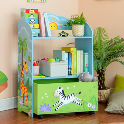 Fantasy Fields by Teamson Kids Sunny Safari Kids Wooden Toy Organizer with  Rolling Storage Box, Blue/Green