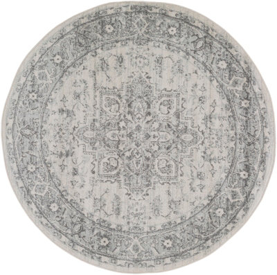 FARAH Round Vintage Traditional Oriental Boho Grey/White Area Rug 160 x 160 cm
