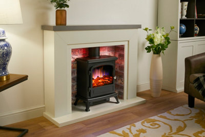Farlington Fireplace Suite with a Black Electric Stove - Grey Top/Rustic Brick