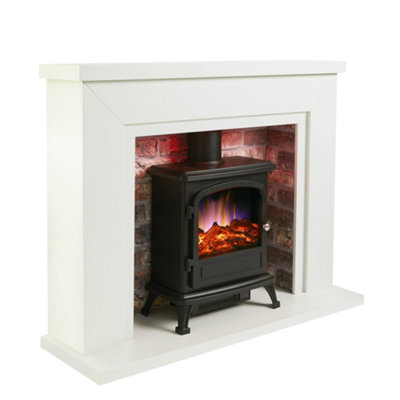 Farlington Fireplace Suite with a Black Electric Stove - White Top/Rustic Brick