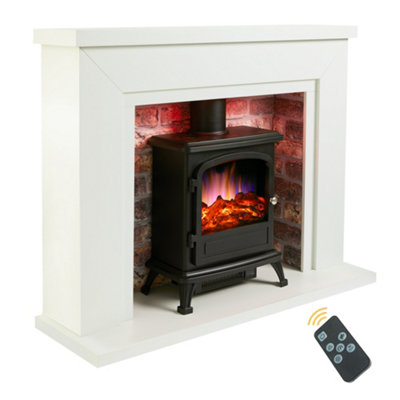 Farlington Fireplace Suite with a Black Electric Stove - White Top/Rustic  Brick | DIY at Bu0026Q