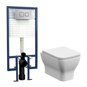 Faron Square Wall Hung Toilet Pan, Soft Close Seat & Concealed Cistern with Square Push Button Plate, 325mm - Balterley