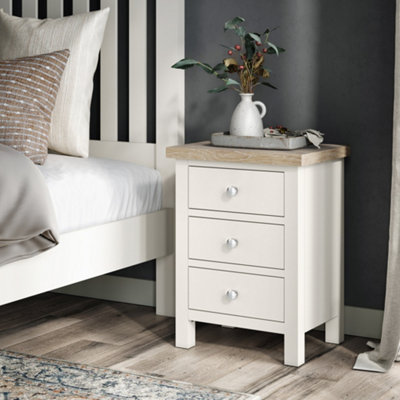 Farro Coconut White 3 Drawer Bedside with Washed Oak Top - Fully Assembled By Roseland Furniture