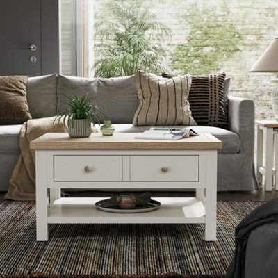 Farro Coconut White  Coffee Table with Washed Oak Top - By Roseland Furniture