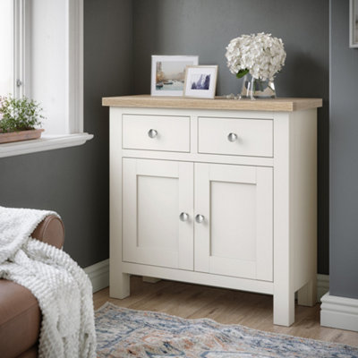 Farro Coconut White Mini Sideboard with Washed Oak Top - Fully