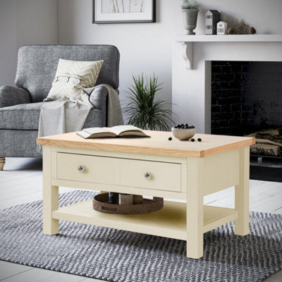 Farro Cream 85cm Large Coffee Table with Drawer and Shelf - Painted with Oak Top By Roseland Furniture
