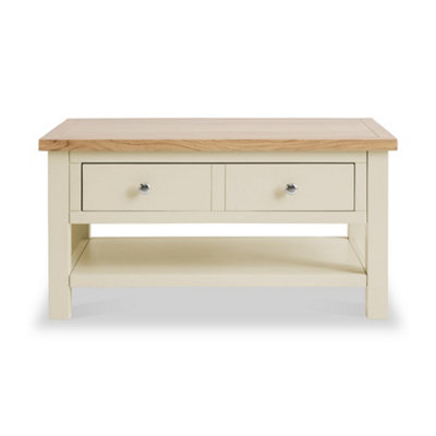 Farro Cream 85cm Large Coffee Table with Drawer and Shelf - Painted with Oak Top By Roseland Furniture