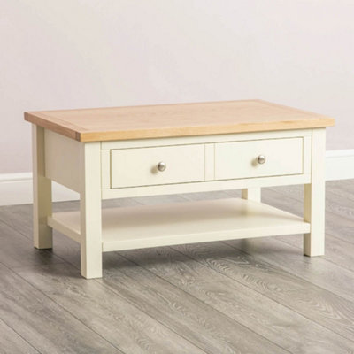 Farro Cream 85cm Large Coffee Table with Drawer and Shelf - Painted with Oak Top By Roseland Furniture