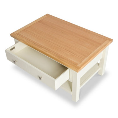 Farro Cream 85cm Large Coffee Table with Drawer and Shelf - Painted with Oak Top By Roseland Furniture