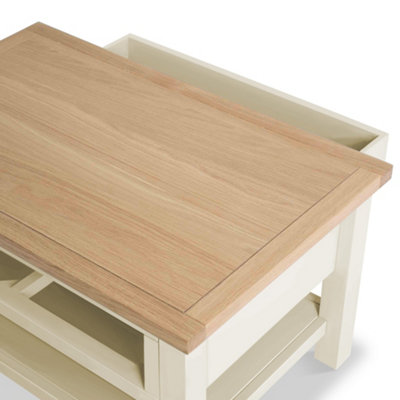 Farro Cream 85cm Large Coffee Table with Drawer and Shelf - Painted with Oak Top By Roseland Furniture