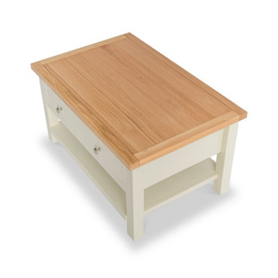 Farro Cream 85cm Large Coffee Table with Drawer and Shelf - Painted with Oak Top By Roseland Furniture