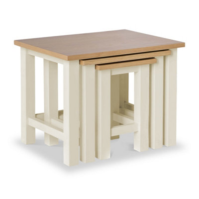 Farro Cream Nest of 3 Tables - Painted with Oak Top - Fully Assembled By Roseland Furniture