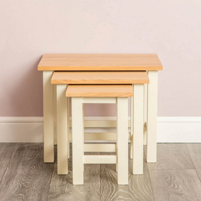 Farro Cream Nest of 3 Tables - Painted with Oak Top - Fully Assembled By Roseland Furniture