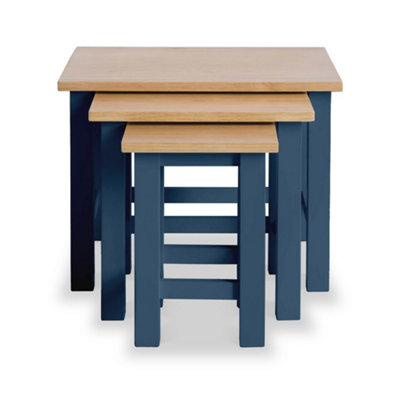 Farro Navy Blue Nest of 3 Tables - Painted with Oak Top - Fully Assembled By Roseland Furniture