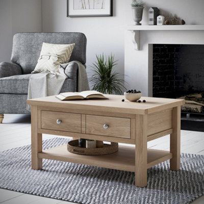 Farro Washed Oak 85cm Large Coffee Table with Drawer and Shelf - By Roseland Furniture