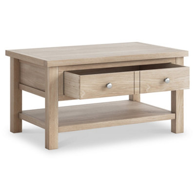 Farro Washed Oak 85cm Large Coffee Table with Drawer and Shelf - By Roseland Furniture
