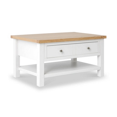 Farro White 85cm Coffee Table with Drawer - Painted with Oak Top - By Roseland Furniture