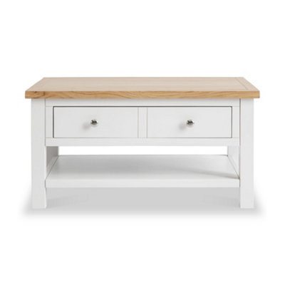 Farro White 85cm Coffee Table with Drawer - Painted with Oak Top - By Roseland Furniture