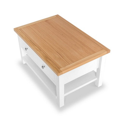 Farro White 85cm Coffee Table with Drawer - Painted with Oak Top - By Roseland Furniture