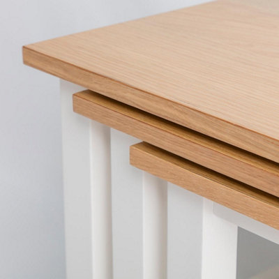 Farro White Nest of 3 Tables - Painted with Oak Top - Fully Assembled By Roseland Furniture