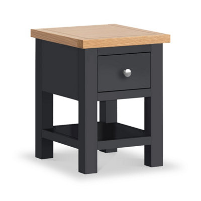 Farrow Charcoal 36cm Lamp Side Table with Drawer - Painted with Oak Top - Fully Assembled By Roseland Furniture